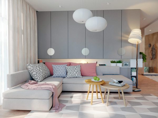 Sugar pink accents sweeten the soft grey interior of this modern famil ...