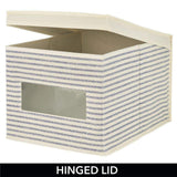 Heavy duty mdesign soft fabric stackable closet storage organizer holder box with clear window attached hinged lid bedroom hallway entryway closet bathroom stripe print large 8 pack natural cobalt blue