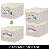 Home mdesign soft fabric stackable closet storage organizer holder box with clear window attached hinged lid bedroom hallway entryway closet bathroom stripe print large 8 pack natural cobalt blue