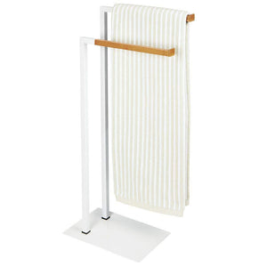 Get mdesign tall modern metal and bamboo wood towel rack holder 2 tier organizer for bathroom storage and organization next to tub or shower holds bath hand towels washcloths white natural