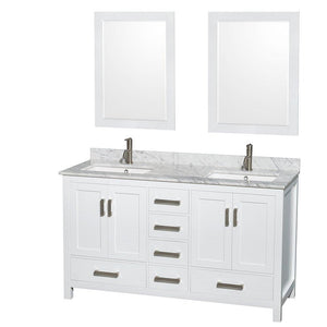 Exclusive wyndham collection sheffield 60 inch double bathroom vanity in white white carrera marble countertop undermount square sinks and 24 inch mirrors