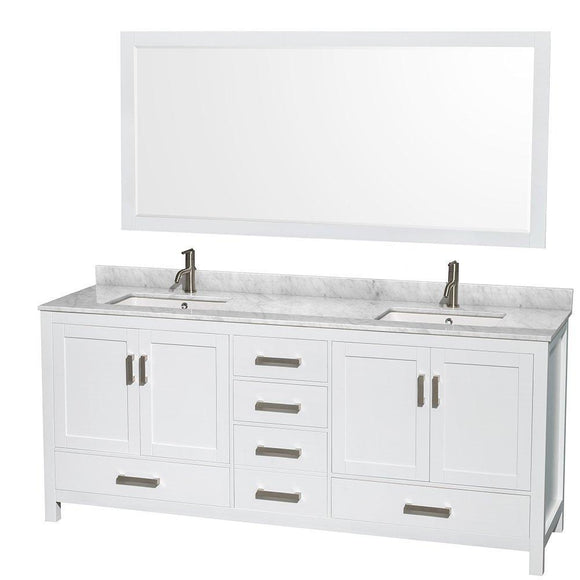 Results wyndham collection sheffield 80 inch double bathroom vanity in white white carrera marble countertop undermount square sinks and 70 inch mirror