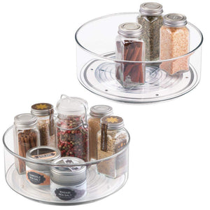 mDesign Plastic Lazy Susan Spinning Food Storage Turntable for Cabinet, Pantry, Refrigerator, Countertop - Spinning Organizer for Spices, Condiments, Baking Supplies - 9" Round, 2 Pack - Clear