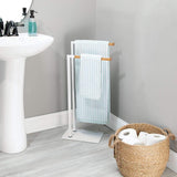Latest mdesign tall modern metal and bamboo wood towel rack holder 2 tier organizer for bathroom storage and organization next to tub or shower holds bath hand towels washcloths white natural
