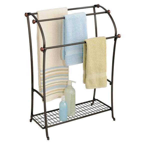 Amazon mdesign large freestanding towel rack holder with storage shelf 3 tier metal organizer for bath hand towels washcloths bathroom accessories bronze warm brown