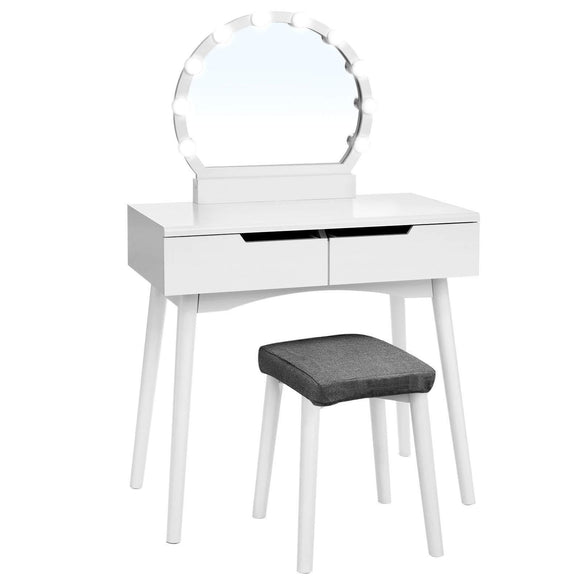 Shop for vasagle vanity table set with 10 light bulbs and touch switch dressing makeup table desk with large round mirror 2 sliding drawers 1 cushioned stool for bedroom bathroom white urdt11wl