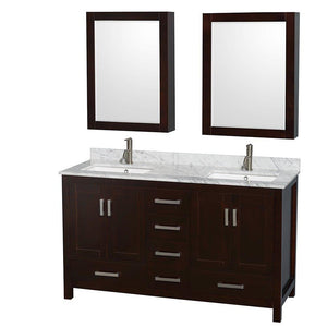 Heavy duty wyndham collection sheffield 60 inch double bathroom vanity in espresso white carrera marble countertop undermount square sinks and medicine cabinets