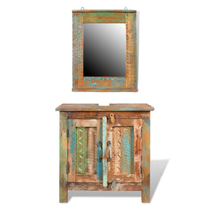 Festnight 24 Inches Bathroom Vanity Set Solid Reclaimed Wood Cabinet with Square Mirror Set Pure Handmade Style 1