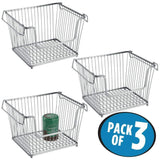 Heavy duty mdesign modern stackable metal storage organizer bin basket with handles open front for kitchen cabinets pantry closets bedrooms bathrooms large 3 pack silver