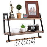 On amazon kakivan 2 tier floating shelves wall mount for kitchen spice rack with 8 hooks storage rustic farmhouse wood wall shelf for bathroom decor with towel bar