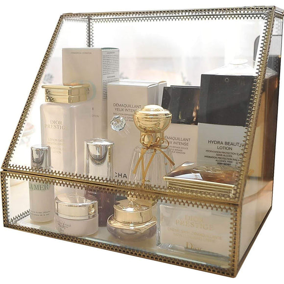 Select nice hersoo large cosmetics makeup organizer transparent bathroom accessories storage glass display with slanted front open lid cosmetic stackable holder for makeup brushes perfumes skincare
