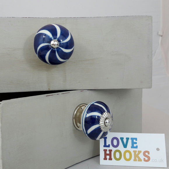 Round Ceramic Drawer Knob, blue spiral design 40mm