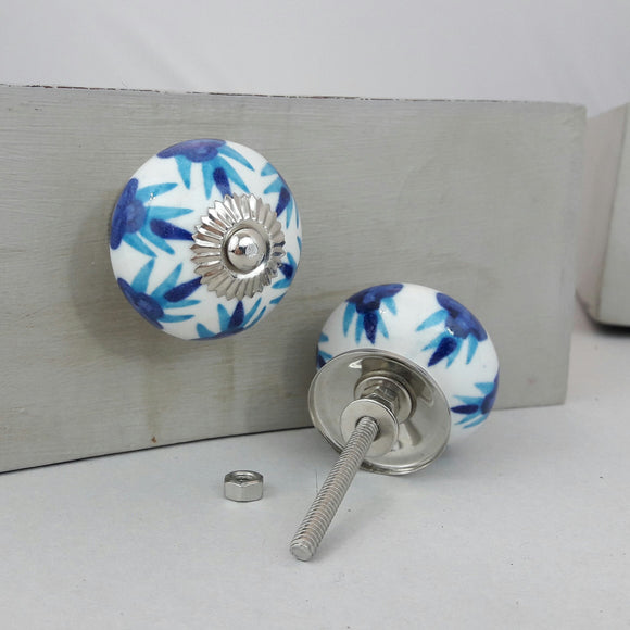 Round Ceramic Drawer Knob, two tone blue flower design 40mm