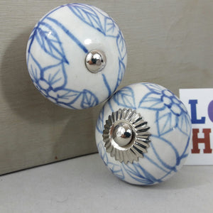 Round Ceramic Drawer Knob, pale blue outline flower and leaf design 40mm